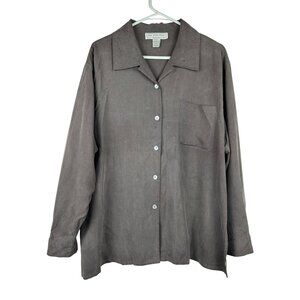 Silk Essentials Womens 2X Gray 100% Silk Button-Up Shirt With Pocket & Long Slee
